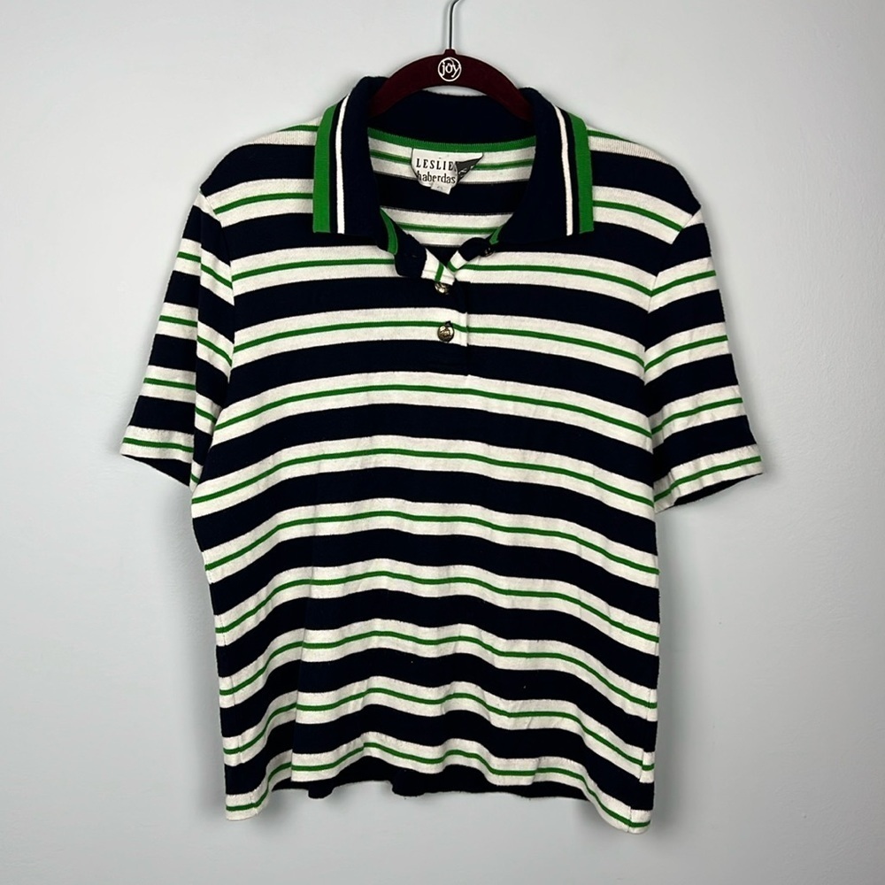 Leslie Fay Haberdashery striped gold button polo size medium